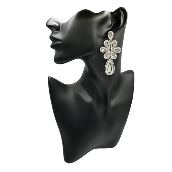 Women’s Silver Rhinestone Paved Flower Chandelier Large Drop Dangle Earrings - Picture 7 of 8